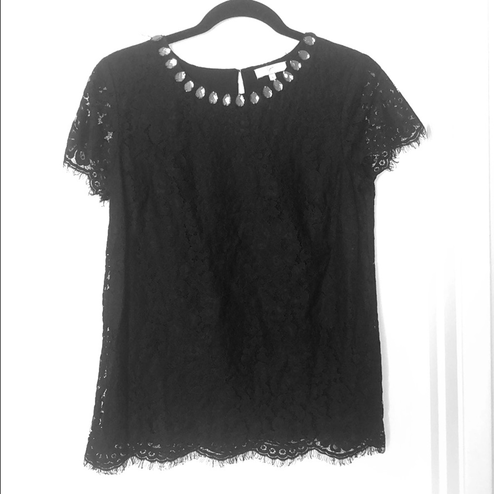 Joie Black lace shirt with crystal jewel detail